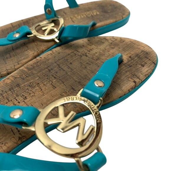 Michael Kors Teal Blue Gold Logo Thongs Sandals Flip Flops Shoes Flats sz 6 - Picture 16 of 16